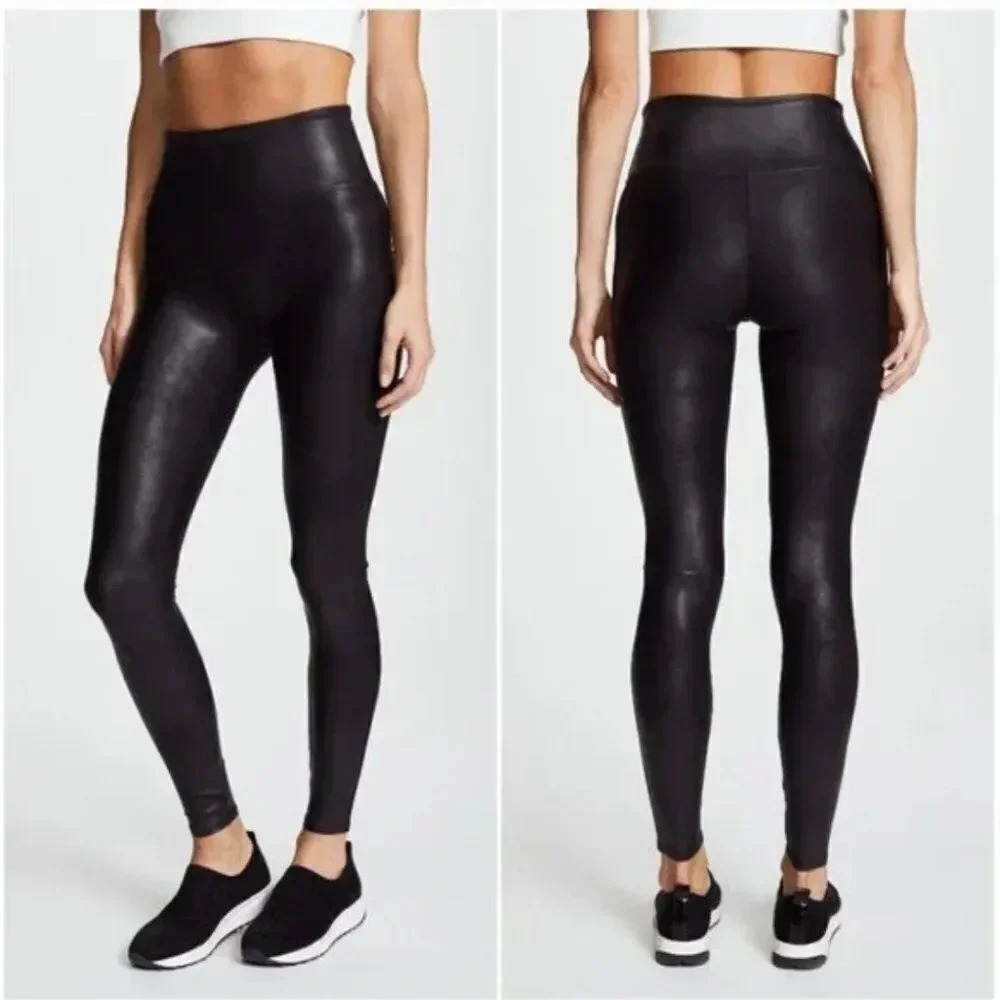 Spanx Faux Leather Moto Vegan Leggings Pants Stretch Shiny Black Size M Medium